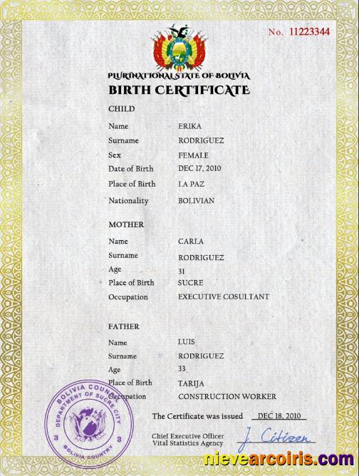 Bolivia vital record birth certificate
